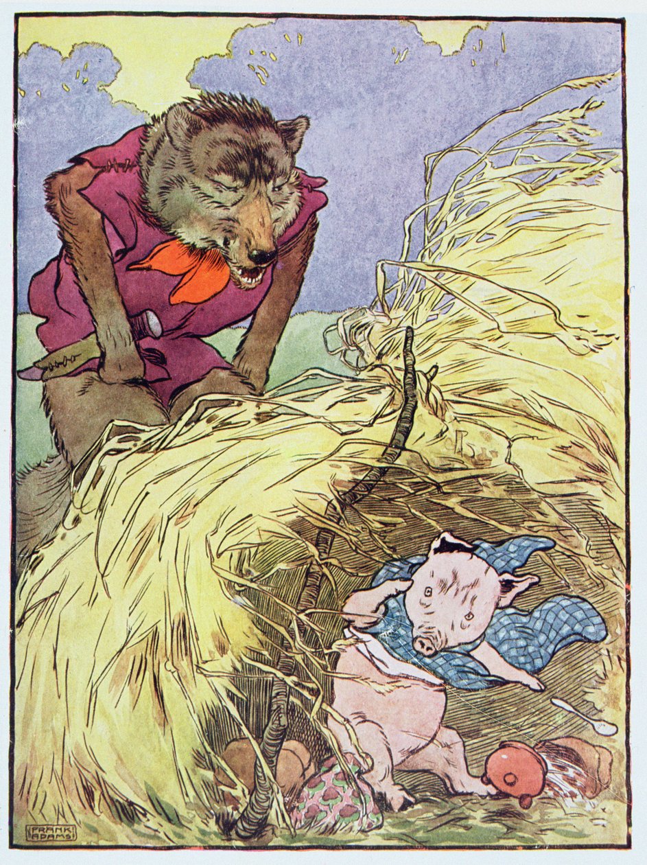 "Joten hän huusi ja puhalsi, kunnes puhalsi olkitalon sisään", kuva "Kolme pientä porsasta", julkaistu 1930-luvulla. tekijältä Frank Adams