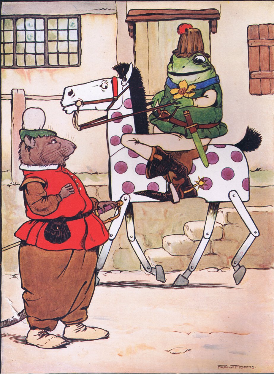 Joten hän lähti liikkeelle oopperahattullaan, kuvitus Charles H. Bennettin teoksesta "The Frog would a Wooing Go", 1916 tekijältä Frank Adams