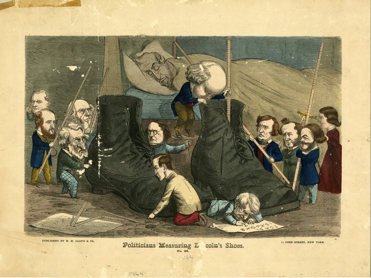 Poliitikot mittaamassa Lincolnin kenkiä, 1864 (käsinvärinen kaiverrus) tekijältä Frank Bellew