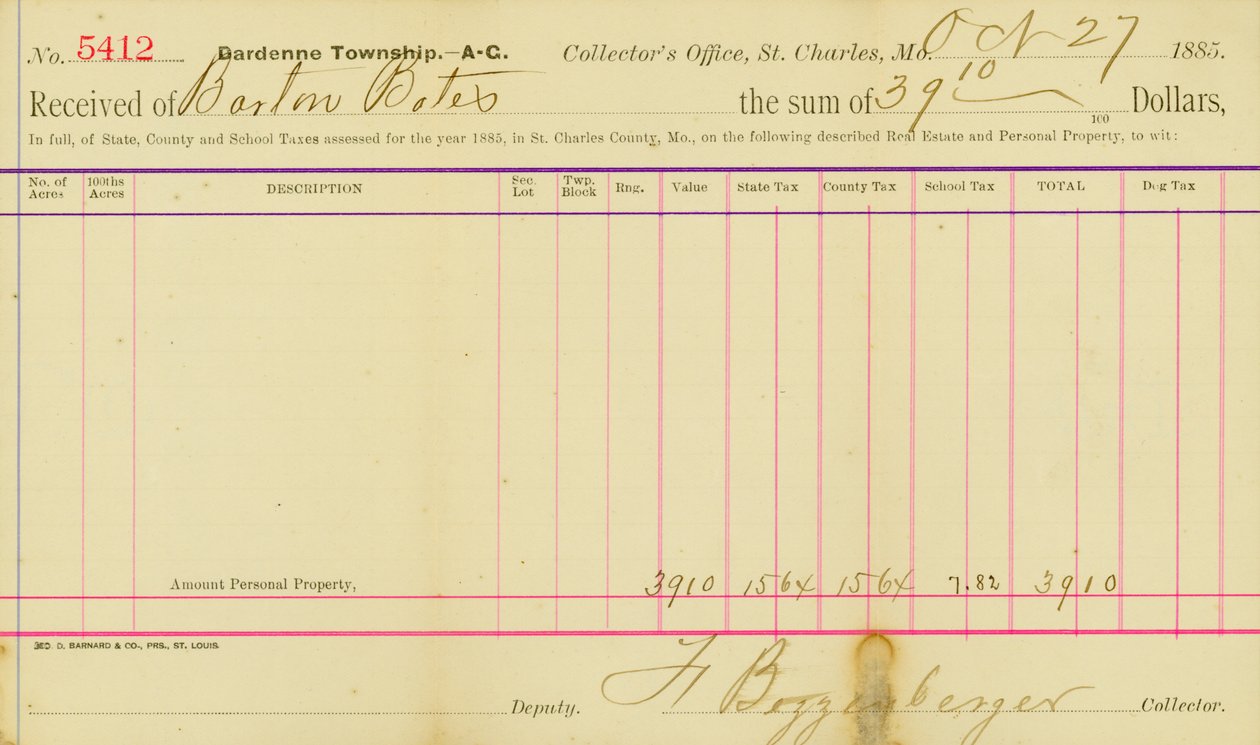 Vuoden 1885 verot St. Charlesin piirikunnassa tekijältä Frank Bizzenberger
