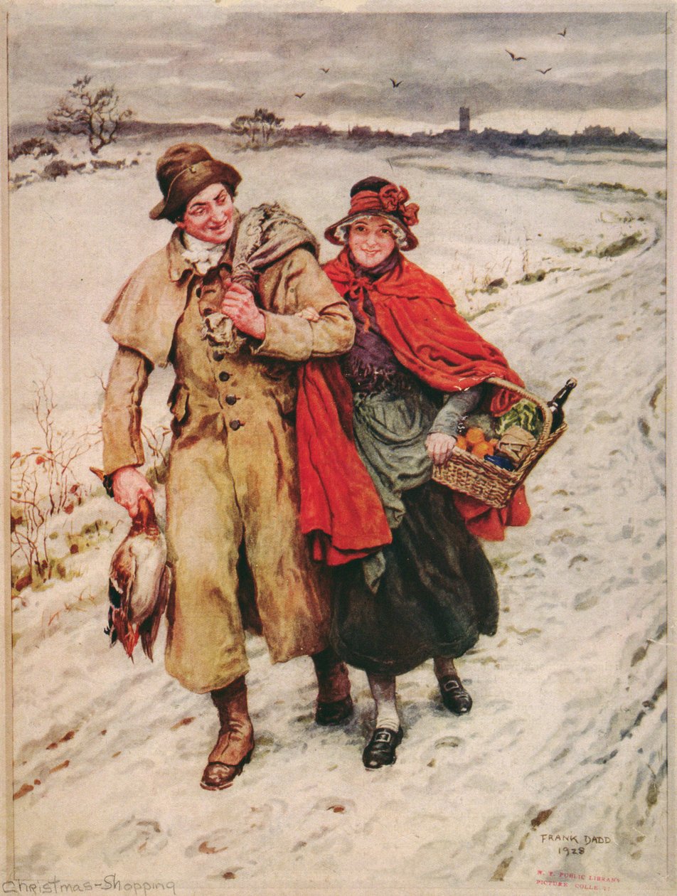 Jouluostokset, joulukortti tekijältä Frank Dadd