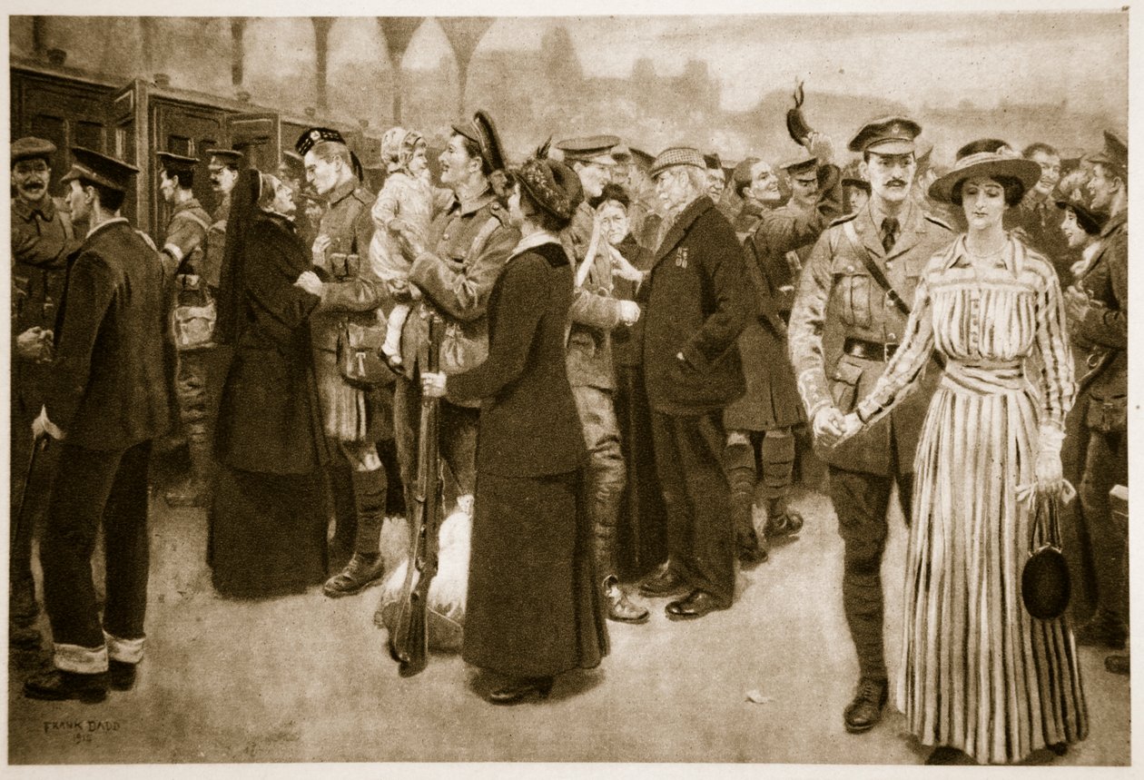 Jäähyväisten hetki: Koskettava kohtaus Victorian asemalla sodan aikana, 1915 tekijältä Frank Dadd