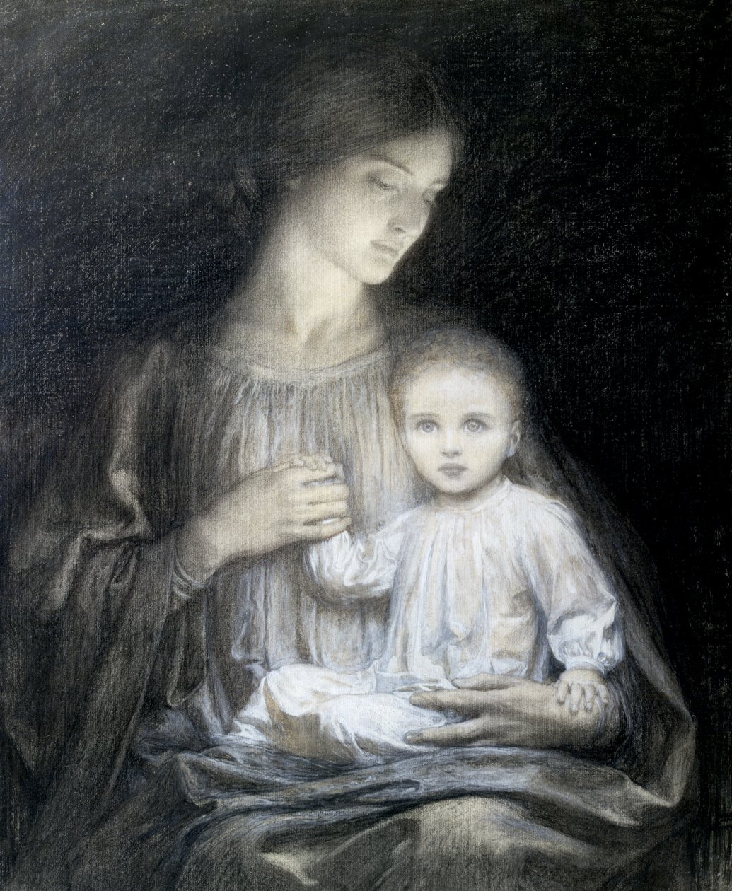 Äiti ja lapsi, n. 1920 (lyijykynä, guassi ja hiili) tekijältä Frank Dicksee