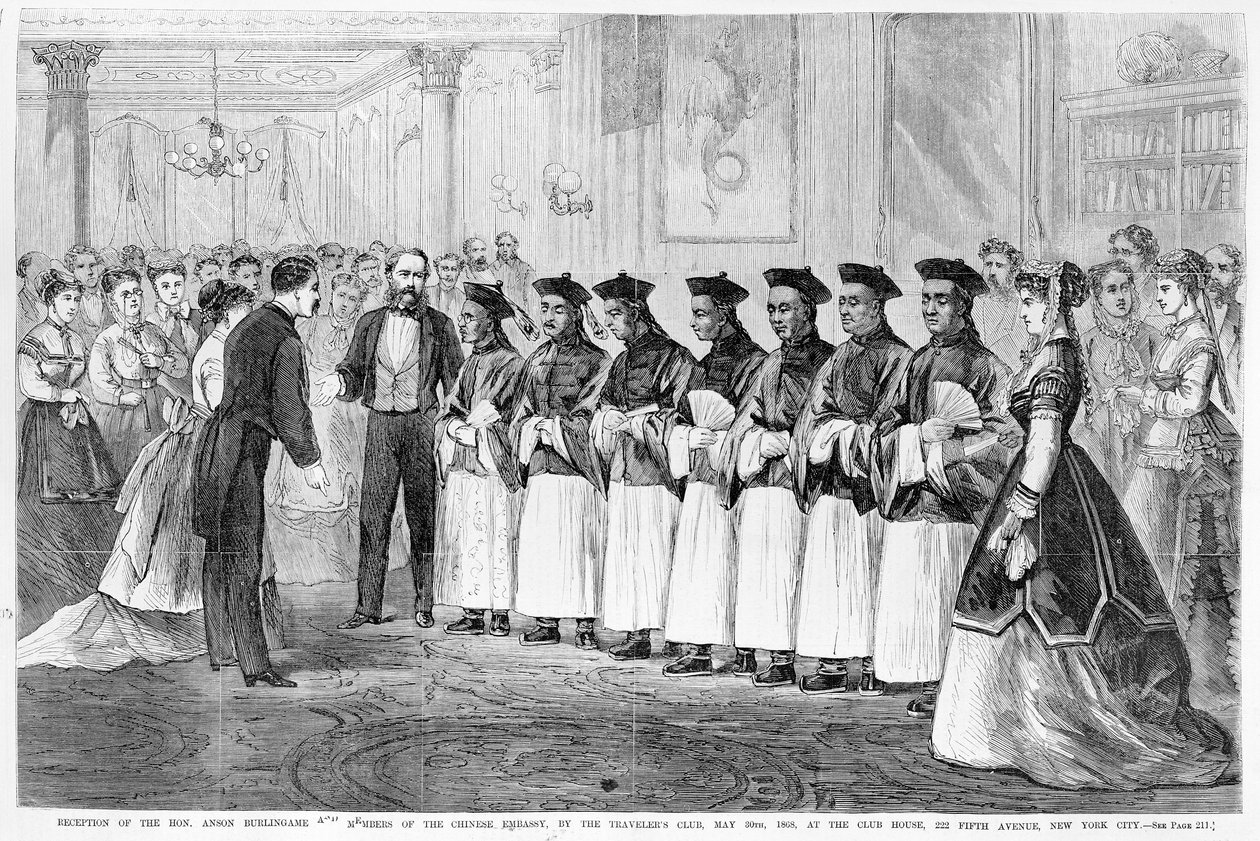 Burlingamen ja Kiinan suurlähetystön jäsenten vastaanotto Travelers Clubissa New Yorkissa 30. toukokuuta 1868, Frank Leslie