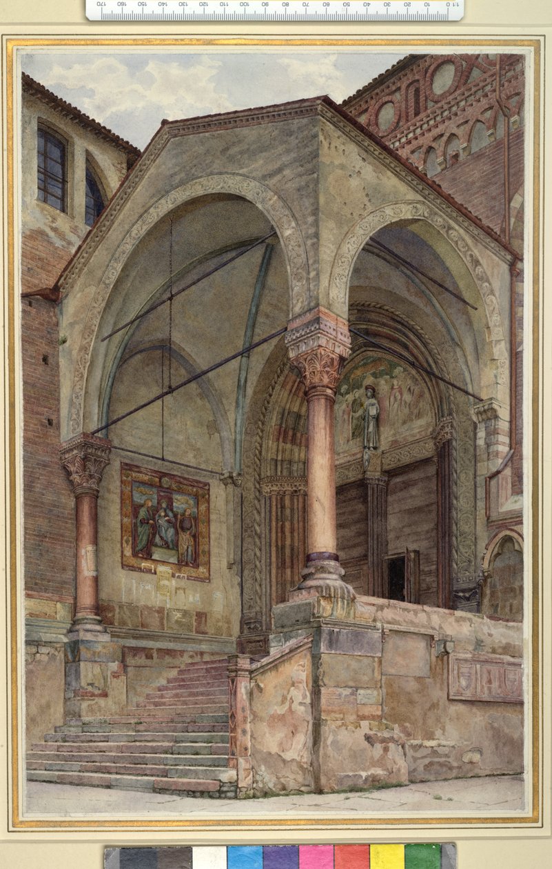 San Fermo Maggioren pohjoinen kuisti, Verona, Italia, n. 1884 akvarelli kudottupaperille tekijältä Frank Randal