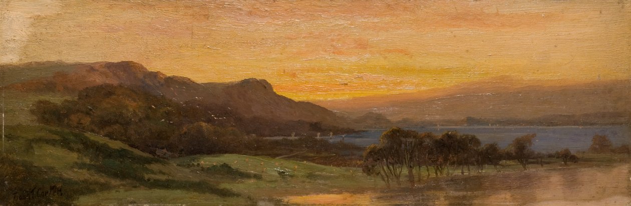 Auringonlasku, järvimaisema tekijältä Frank Thomas Carter