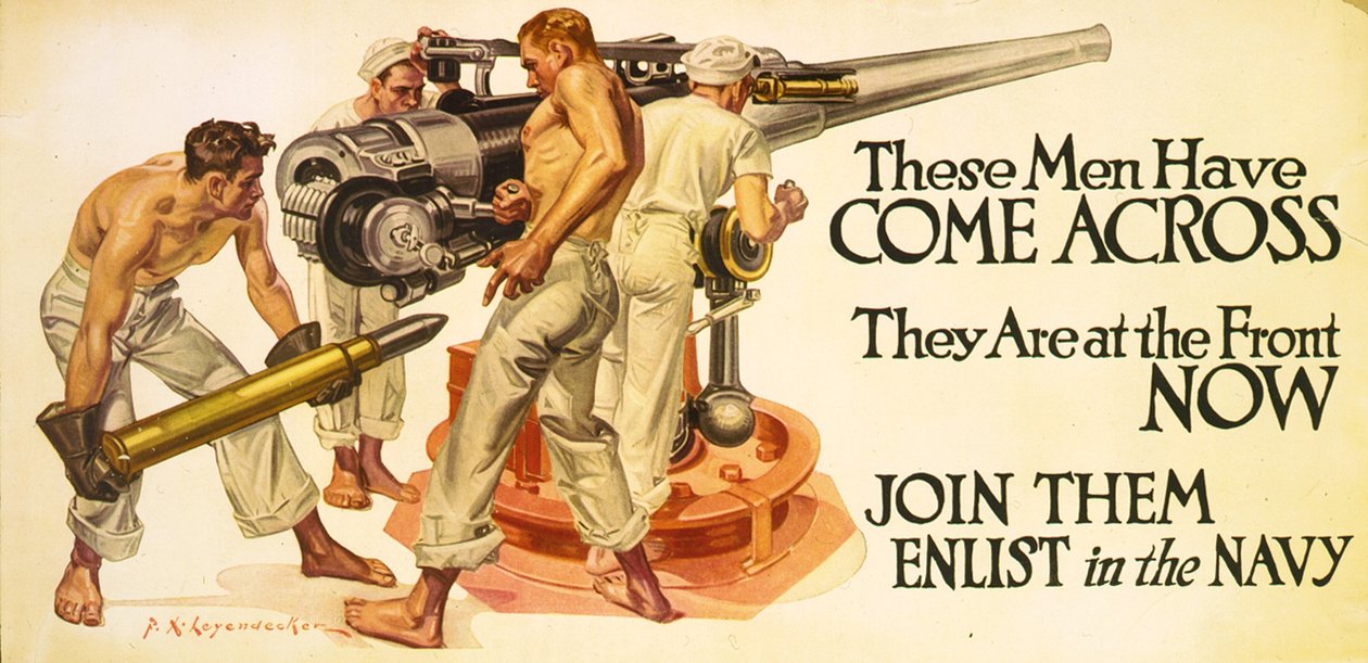 Nämä miehet ovat törmänneet, he ovat nyt eturintamassa. Liity heidän seuraansa - ilmoittautua laivastoon, n. 1918 (litografia) tekijältä Frank Xavier Leyendecker