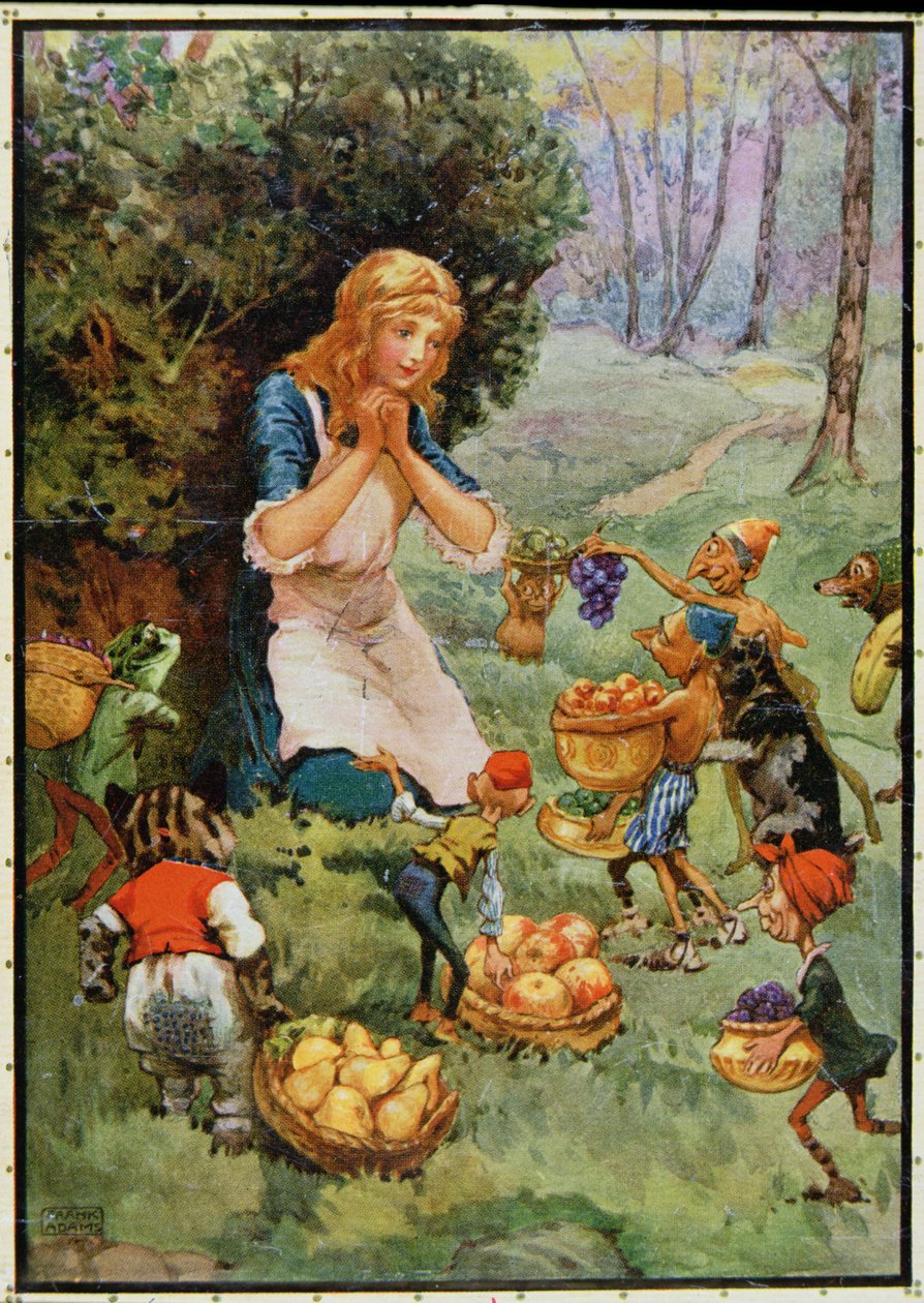 "Goblin Market", kirjoittanut DG. Rossettin (1828-82) kuvitus M.D.Belgraven ja H.Hartin teoksessa "Lasten tarinoita runoilijoista" tekijältä Frank Adams