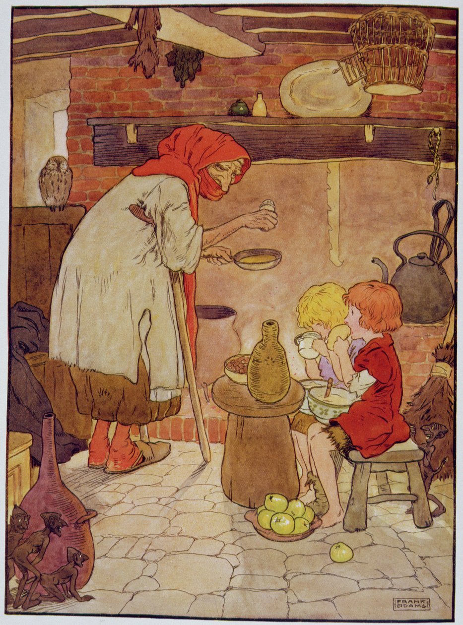 Noita ruokkii Hannua ja Kerttua, kuvitus kirjasta "The Beautiful Book of Nursery Rhymes, Stories and Pictures" (Kaunis lastenlorujen, tarinoiden ja kuvien kirja), kirjoittanut Frank Adams, julkaissut Blackie und Son. tekijältä Frank Adams