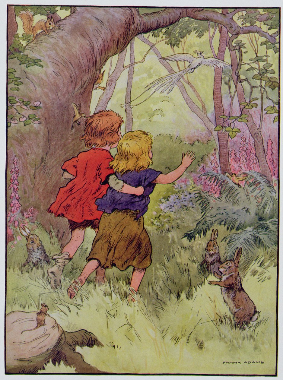 Hannu ja Kerttu, kuvitus kirjasta "The Beautiful Book of Nursery Rhymes, Stories and Pictures" (Kaunis lastenlorujen, tarinoiden ja kuvien kirja), kirjoittanut Frank Adams, julkaissut Blackie und Son. tekijältä Frank Adams