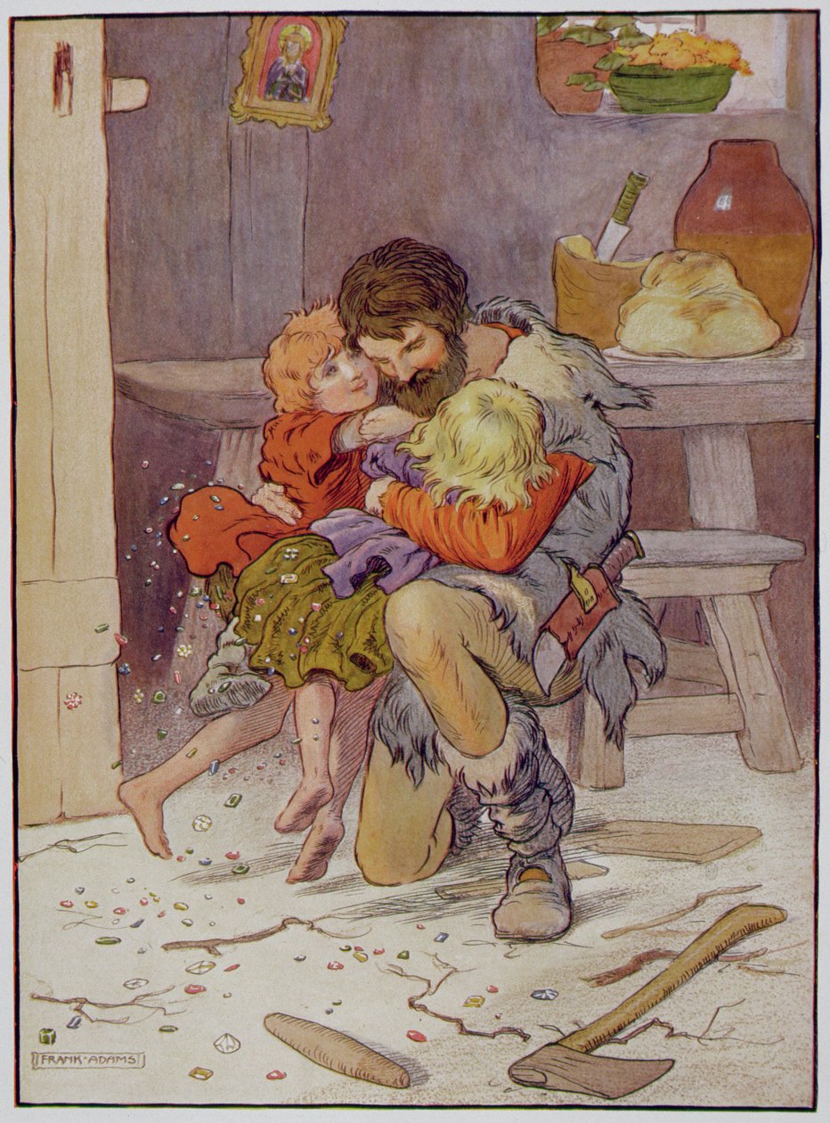 Hansel ja Kerttu palaavat, kuvitus "The Beautiful Book of Nursery Rhymes, Stories and Pictures", kirjoittaja Frank Adams, julkaisija Blackie und Son tekijältä Frank Adams