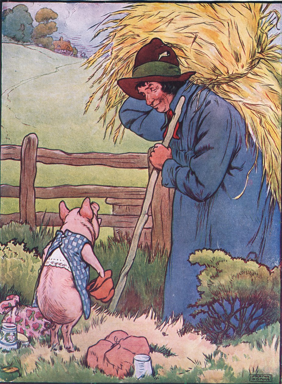 "Jos haluatte, herra", hän sanoi, "annatko minulle sen oljen talon rakentamiseen?", kuvitus 1930-luvulla julkaistusta "Kolmesta porsaasta" (värilitho) tekijältä Frank Adams