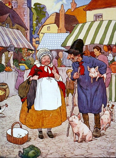 Kuvitus "The Beautiful Book of Nursery Rhymes, Stories and Pictures" -julkaisusta, julkaisija Blackie & Son (värilitho) tekijältä Frank Adams