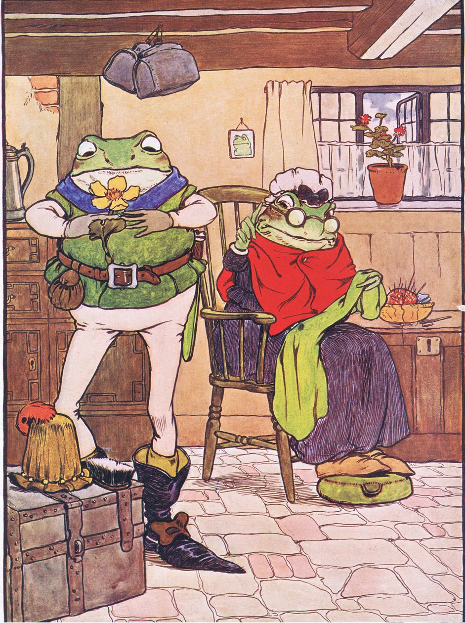 Kuvitus Charles H. Bennettin teoksesta "The Frog would a Wooing Go", 1916 tekijältä Frank Adams