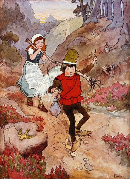 Jack ja Jill, kuvitus teoksesta "The Beautiful Book of Nursery Rhymes, Stories and Pictures", kirjoittanut Frank Adams, julkaissut Blackie & Son (värilitho) tekijältä Frank Adams