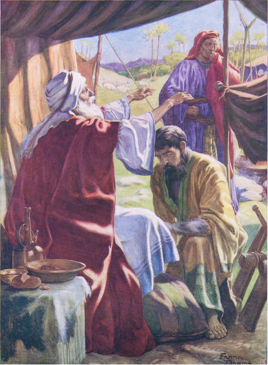 Jaakob saa siunauksen, Thomas Nelsonin julkaisemasta Raamatun kuvakirjasta, n. 1950 (värilitho) tekijältä Frank Adams