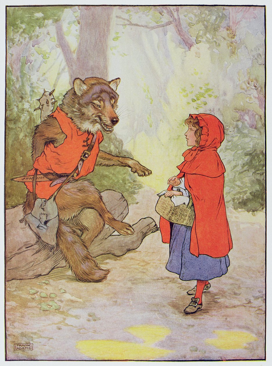 Punahilkka ja susi, kuvitus "The Beautiful Book of Nursery Rhymes, Stories and Pictures", kirjoittanut Frank Adams, julkaisija Blackie and Son tekijältä Frank Adams