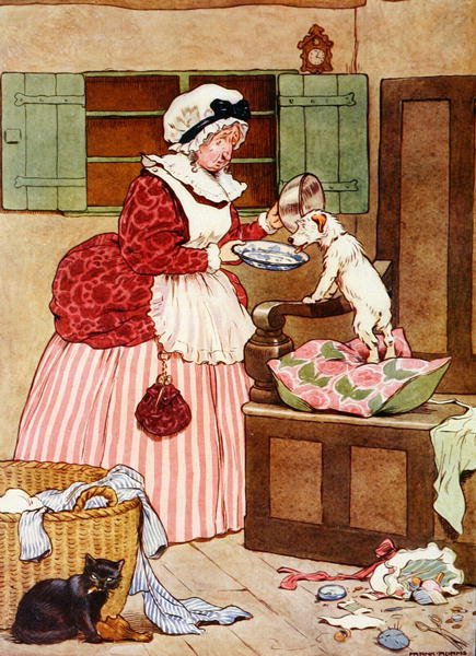 Old Mother Hubbard, kuvitus "The Beautiful Book of Nursery Rhymes, Stories and Pictures", kirjoittanut Frank Adams, julkaissut Blackie & Son (värilitho) tekijältä Frank Adams