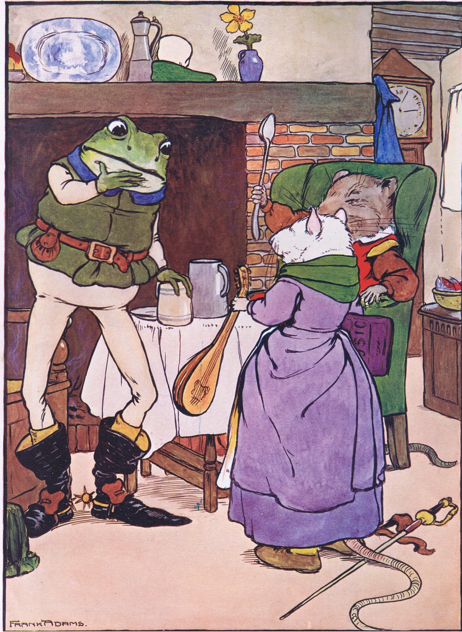 Rukoile Mistress Mouse, annatko meille laulun, kuvituksen Charles H. Bennettin teoksesta "The Frog would a Wooing Go", 1916 tekijältä Frank Adams
