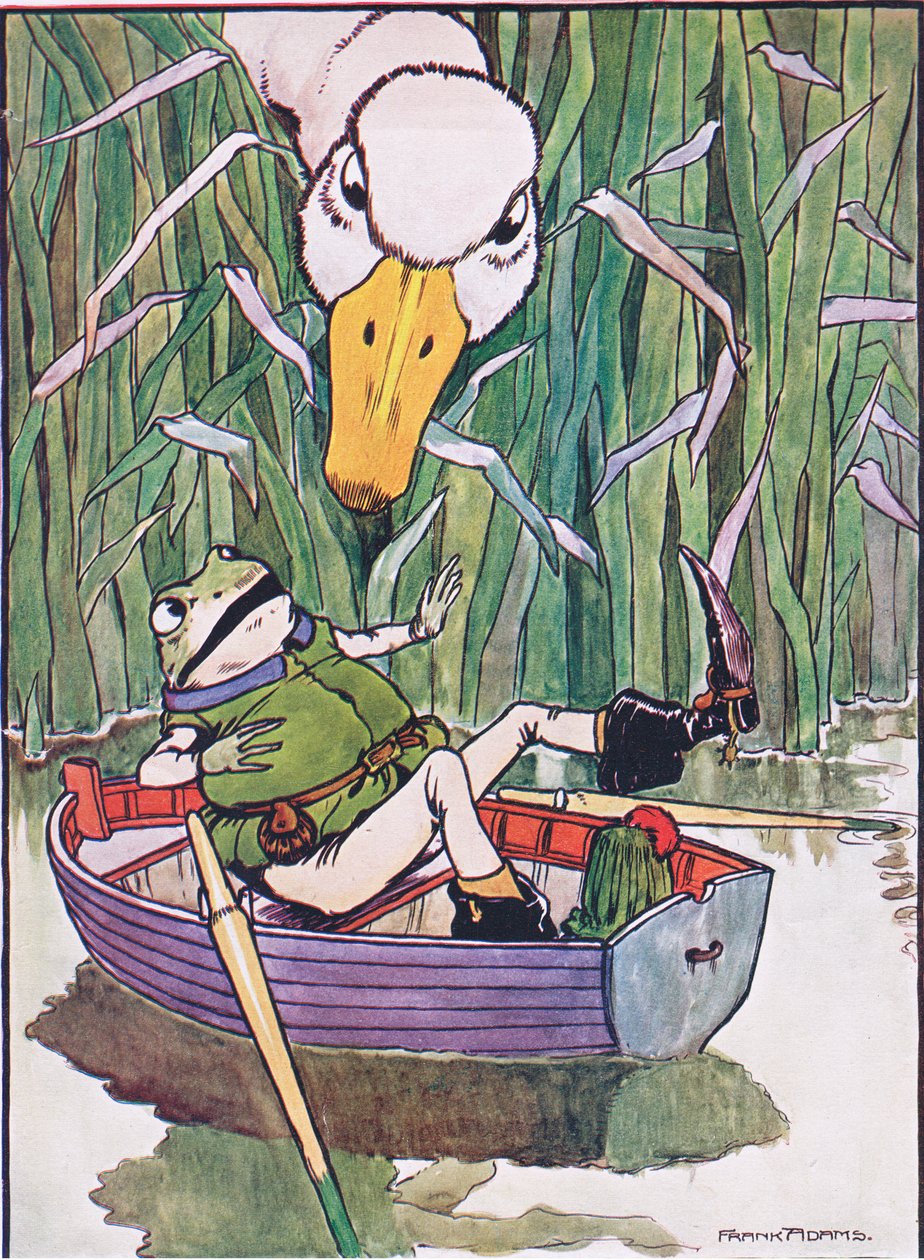 "Quack" mikä pelottelu, kuvitus teoksesta "The Frog would a Wooing Go", kirjoittanut Charles H. Bennett, 1916 tekijältä Frank Adams