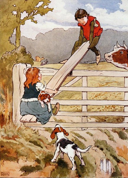 See-Saw Marjorie-Daw, kuvitus julkaisusta "The Beautiful Book of Nursery Rhymes, Stories and Pictures", kirjoittanut Frank Adams, julkaissut Blackie & Son (värilitho) tekijältä Frank Adams