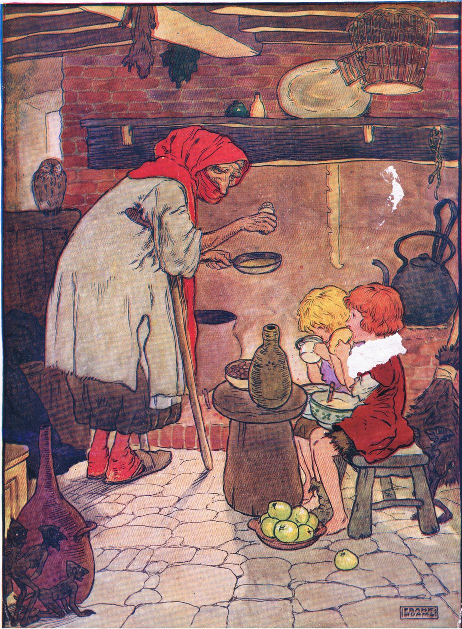 Hän johdatti heidät sisään ja tarjosi heille kauniin illallisen." (Hansel and Gretel, Blackie & Son Limitedin julkaisema Hansel and Gretel, n. 1940). tekijältä Frank Adams
