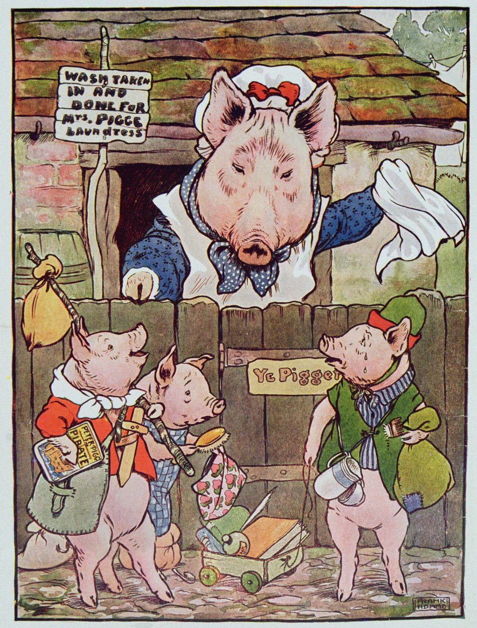 "Hän käänsi heidät pois kodista etsimään omaa asumistaan", kuvitus 1930-luvulla julkaistusta "Kolme pientä porsasta" (värilitho) tekijältä Frank Adams