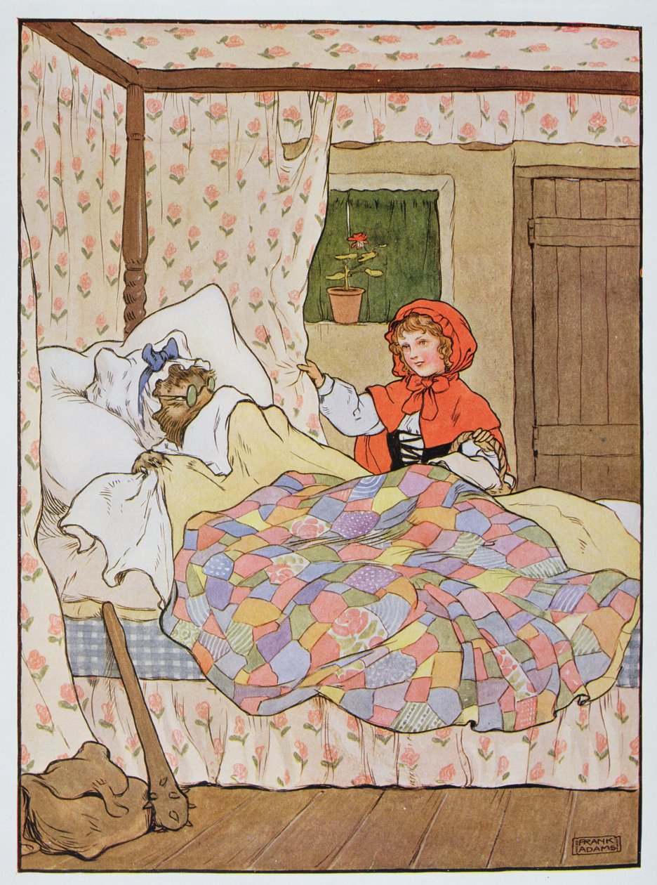 Punahilkkaisen isoäidiksi naamioitu susi, kuvitus Frank Adamsin teoksesta "The Beautiful Book of Nursery Rhymes, Stories and Pictures", julkaisija Blackie und Son tekijältä Frank Adams
