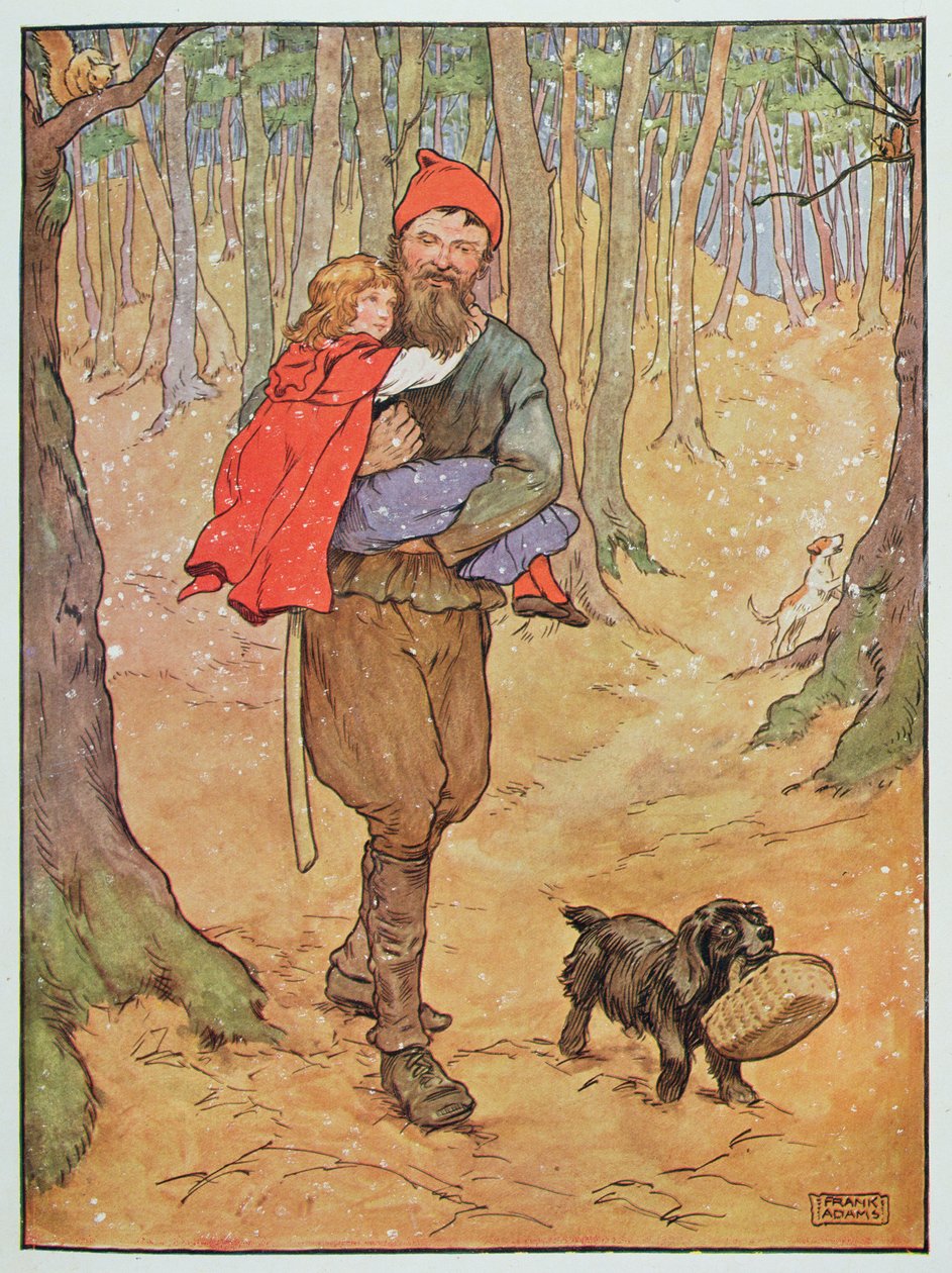 The Woodcutter kuljettaa Punahilkka kotiin, kuvitus "The Beautiful Book of Nursery Rhymes, Stories and Pictures", kirjoittanut Frank Adams, julkaisija Blackie und Son tekijältä Frank Adams