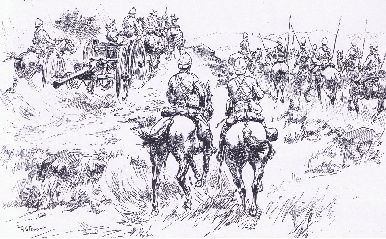 Bullersin ratsuväki ja tykistö etenemässä Bergendalissa, kuva Pretorian jälkeen: Sissisota, 1902 tekijältä Frank Algenon Stewart