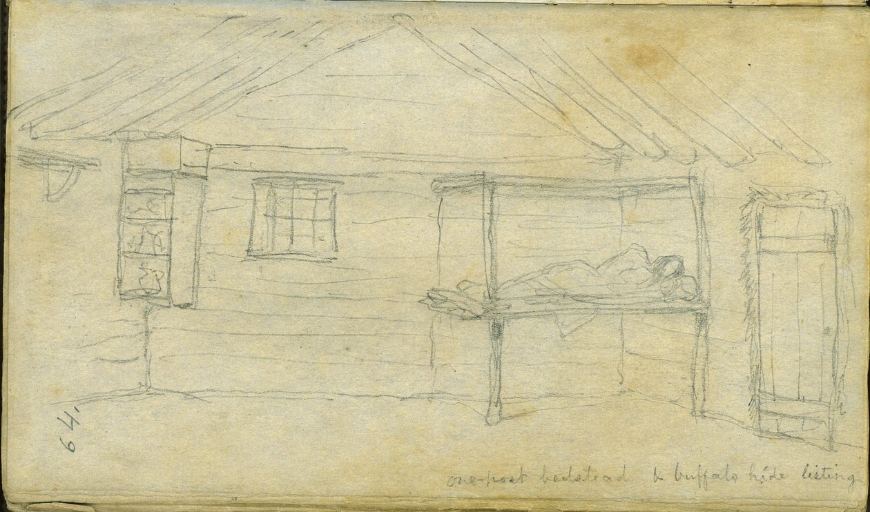 Yksipylväinen sänkypaikka ja puhvelinahkaluettelo, 1851 tekijältä Frank Blackwell Mayer