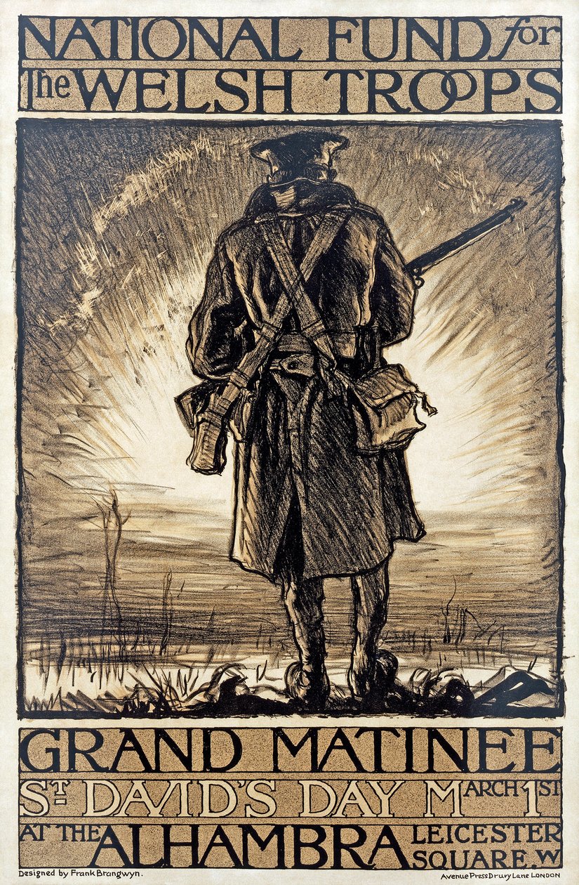 Juliste, joka mainostaa Walesin joukkojen kansallisen rahaston varainkeruutapahtumaa, 1. maaliskuuta 1915, tekijältä Frank Brangwyn