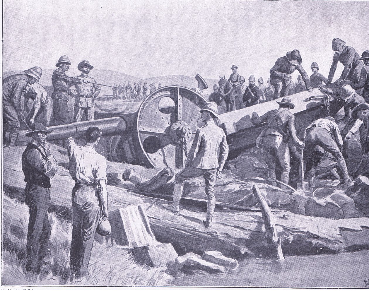 Aseen saaminen ikävän paikan päälle, kuvitus elokuvasta After Pretoria: The Guerilla War, 1902 tekijältä Frank Dadd