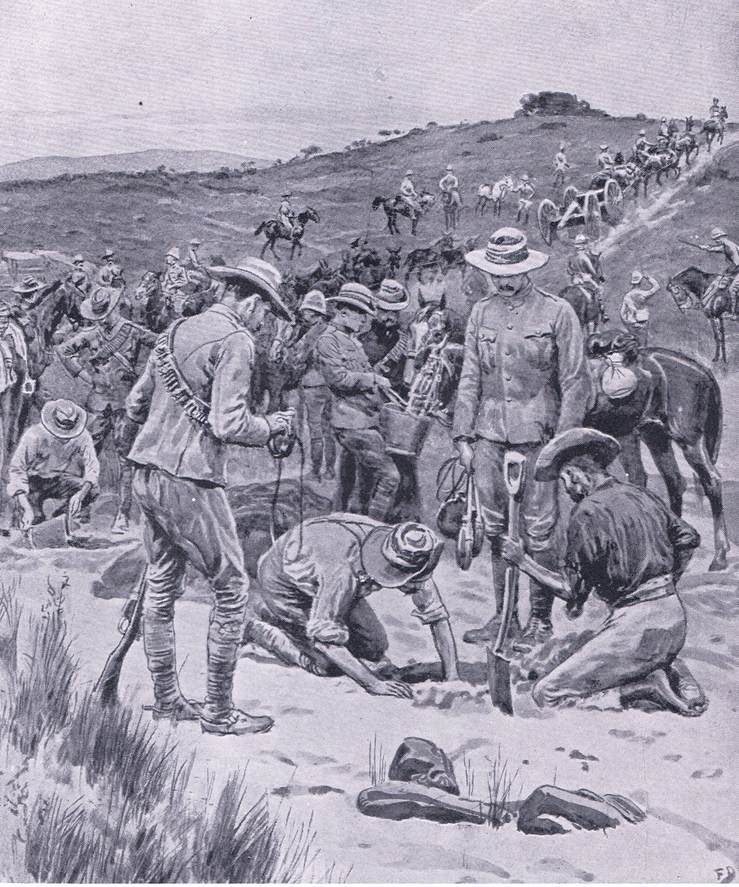 Vettä etsimässä, teoksesta After Pretoria: The Guerilla War, jonka on julkaissut Harmsworth Bros Limited, 1901. tekijältä Frank Dadd