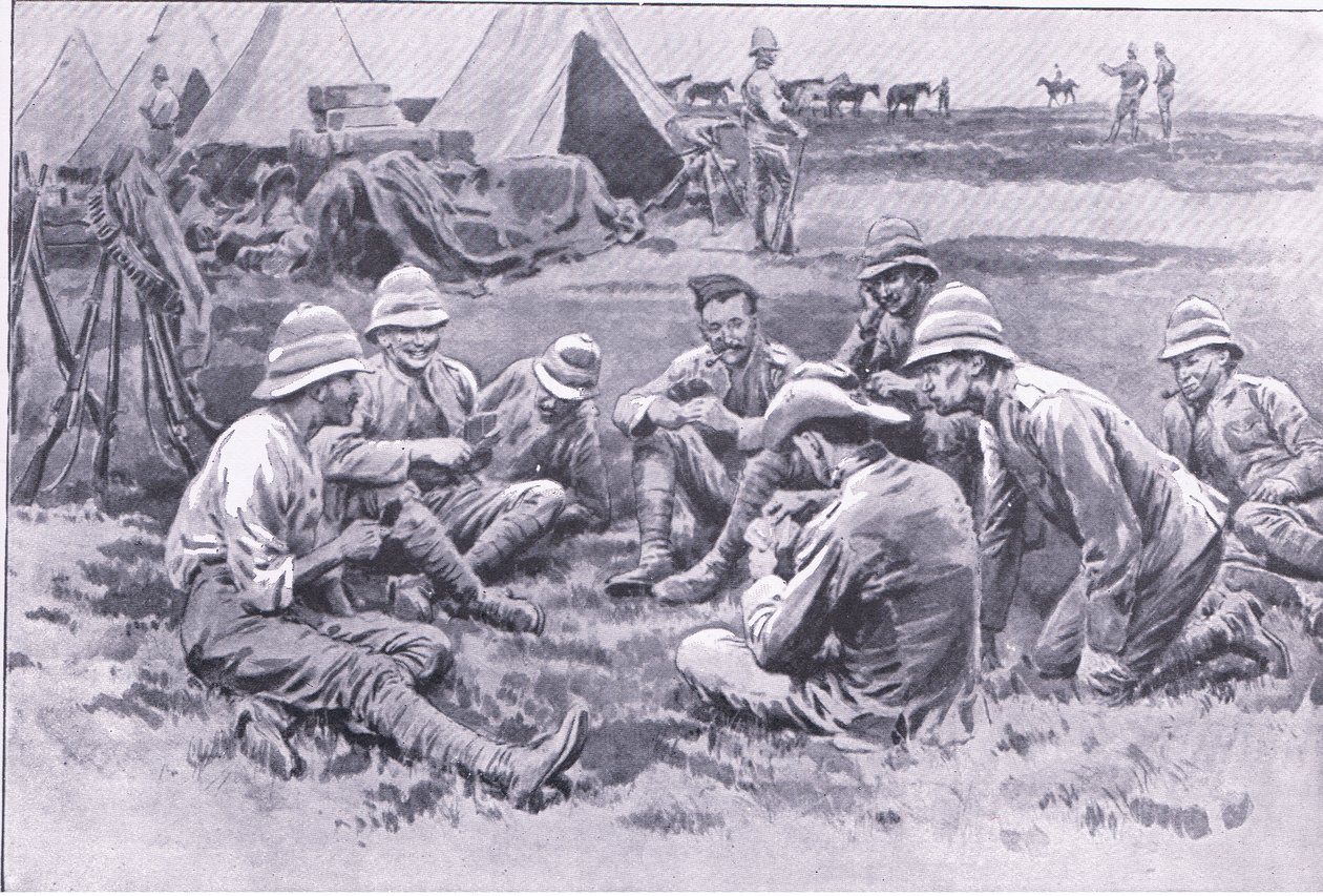 Väsyneitä sotilaita lepäämässä, teoksesta After Pretoria: The Guerilla War, jonka on julkaissut Harmsworth Bros Limited, 1901. tekijältä Frank Dadd