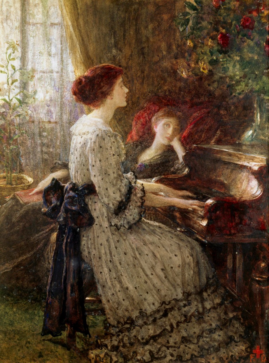 "Vanhoja lauluja Kaksi naista keskiluokkaisessa viktoriaanisessa sisustuksessa, toinen soittaa pianoa ja toinen kuuntelee kaihoisasti nojatuolista. Frank Dickseen (1853-1928) maalaus Yksityiskokoelma. tekijältä Frank Dicksee