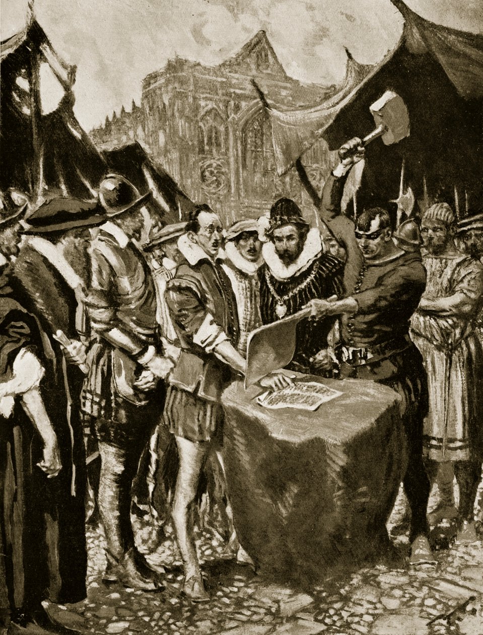 Stubbs on leikannut kätensä, 1521, kuvitus "Hutchinsonin tarinasta brittiläisestä kansasta", n. 1923 tekijältä Frank Gillett