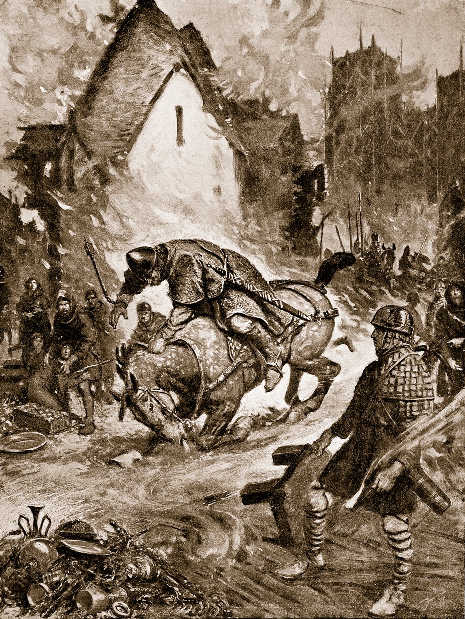 William loukkaantui kuolemaan Mantesissa, kuvitus "Hutchinsonin tarinasta brittiläisestä kansasta", n. 1920 tekijältä Frank Gillett