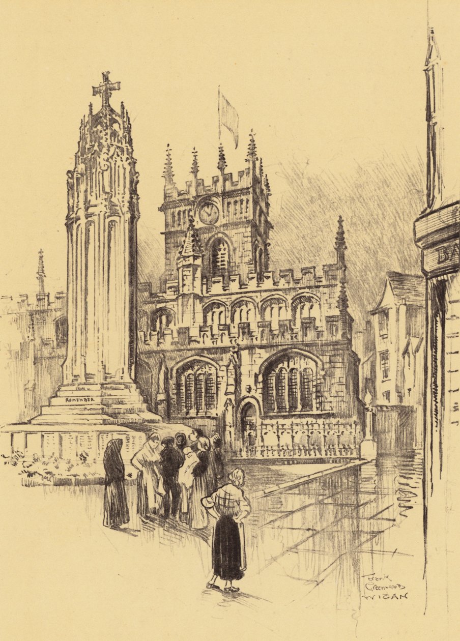 Wigan, muistomerkki ja kirkko (litografia) tekijältä Frank Greenwood