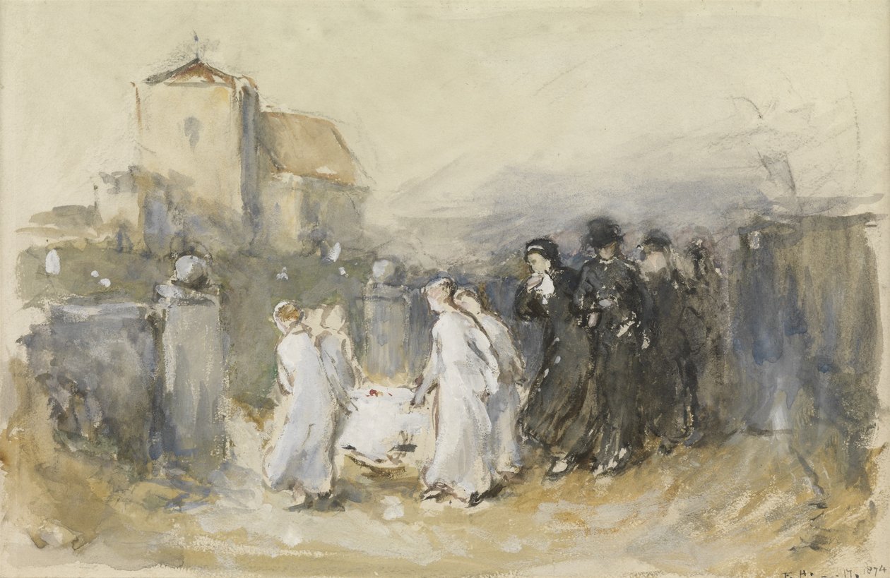 Tutkimus hänen esikoissyntyneensä, Horsham Churchyard (esisyntyneen hautajaiset), 1874 (wc paperilla) tekijältä Frank Holl