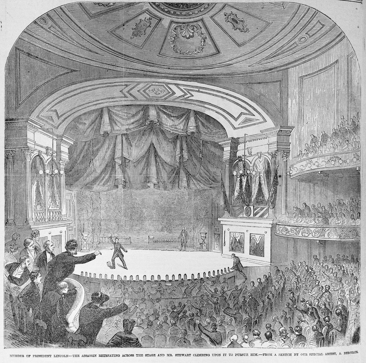 Abraham Lincolnin (1809-65) salamurha Fordin teatterin laatikossa, 14. huhtikuuta 1865, "Frank Leslien kuvitetusta sanomalehdestä", 20. toukokuuta 1865 tekijältä Frank Leslie