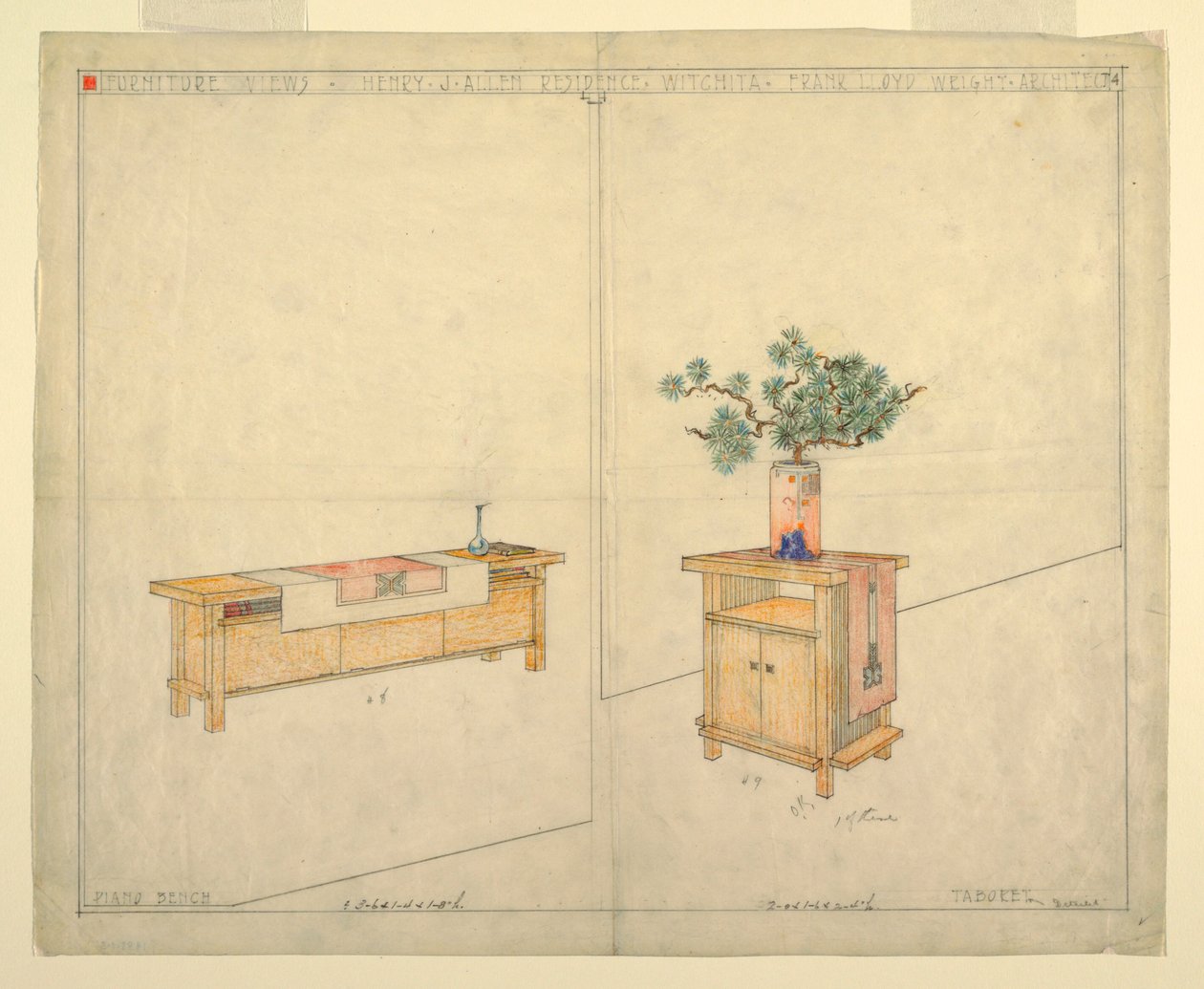 Piano Bench ja Taboret, Henry J. Allen Residence, Wichita, KS tekijältä Frank Lloyd Wright
