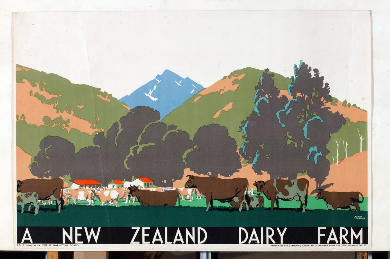 Uuden-Seelannin maitotila, sarjasta "Buy New Zealand Produce" [6319386] (väri litho) tekijältä Frank Newbould