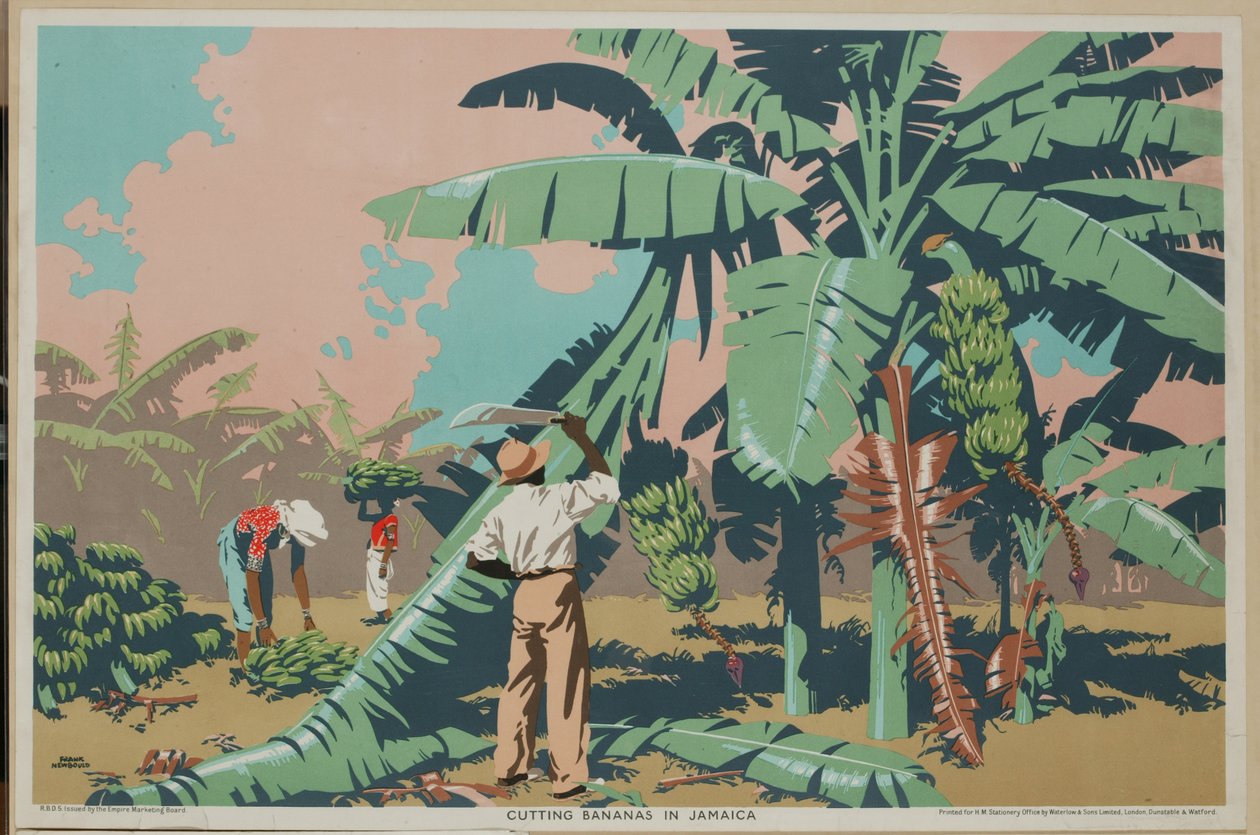 Banaanien leikkaaminen Jamaikalla (väri litho) tekijältä Frank Newbould