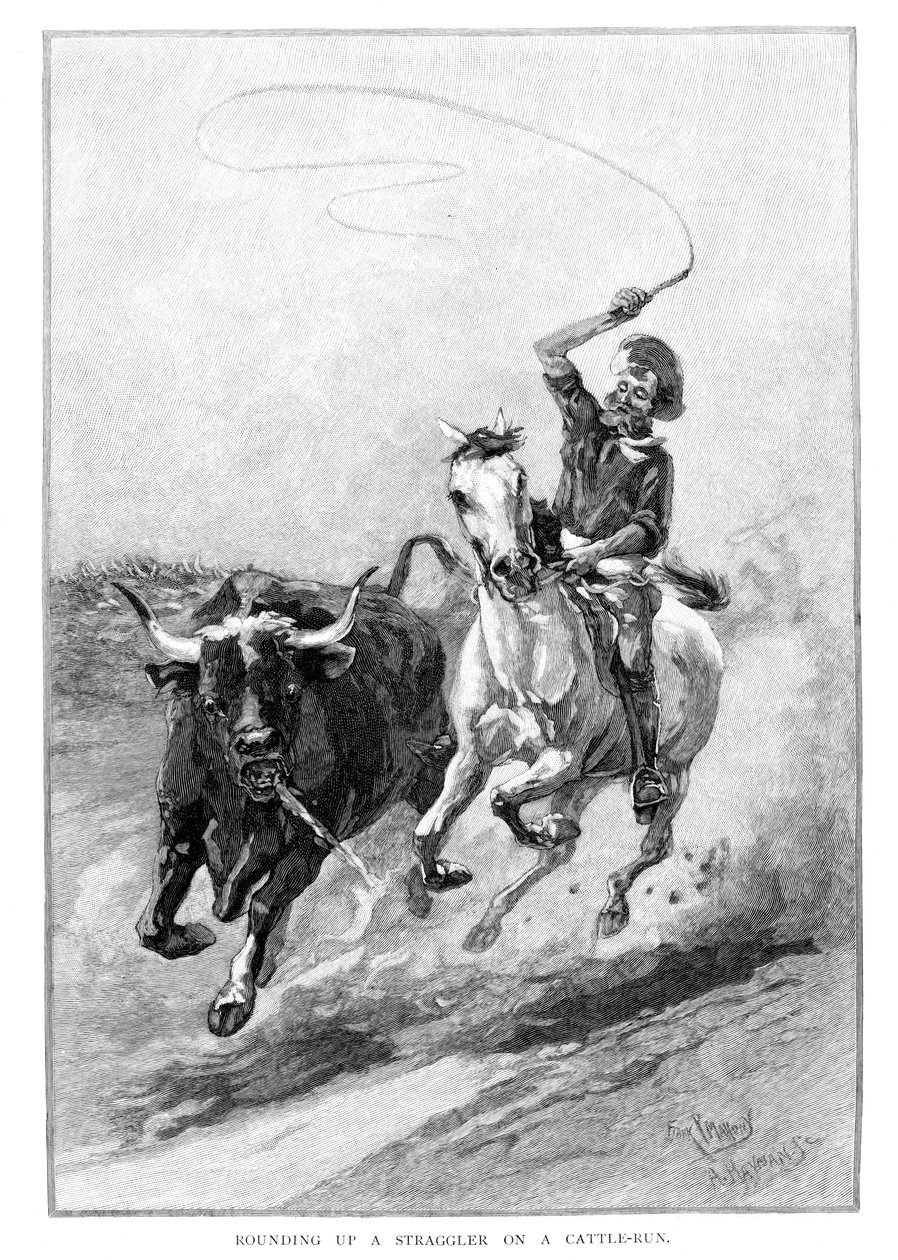 Karjajuoksussa olevan karjan pyörittäminen, Australia, 1886 tekijältä Frank P. Mahony