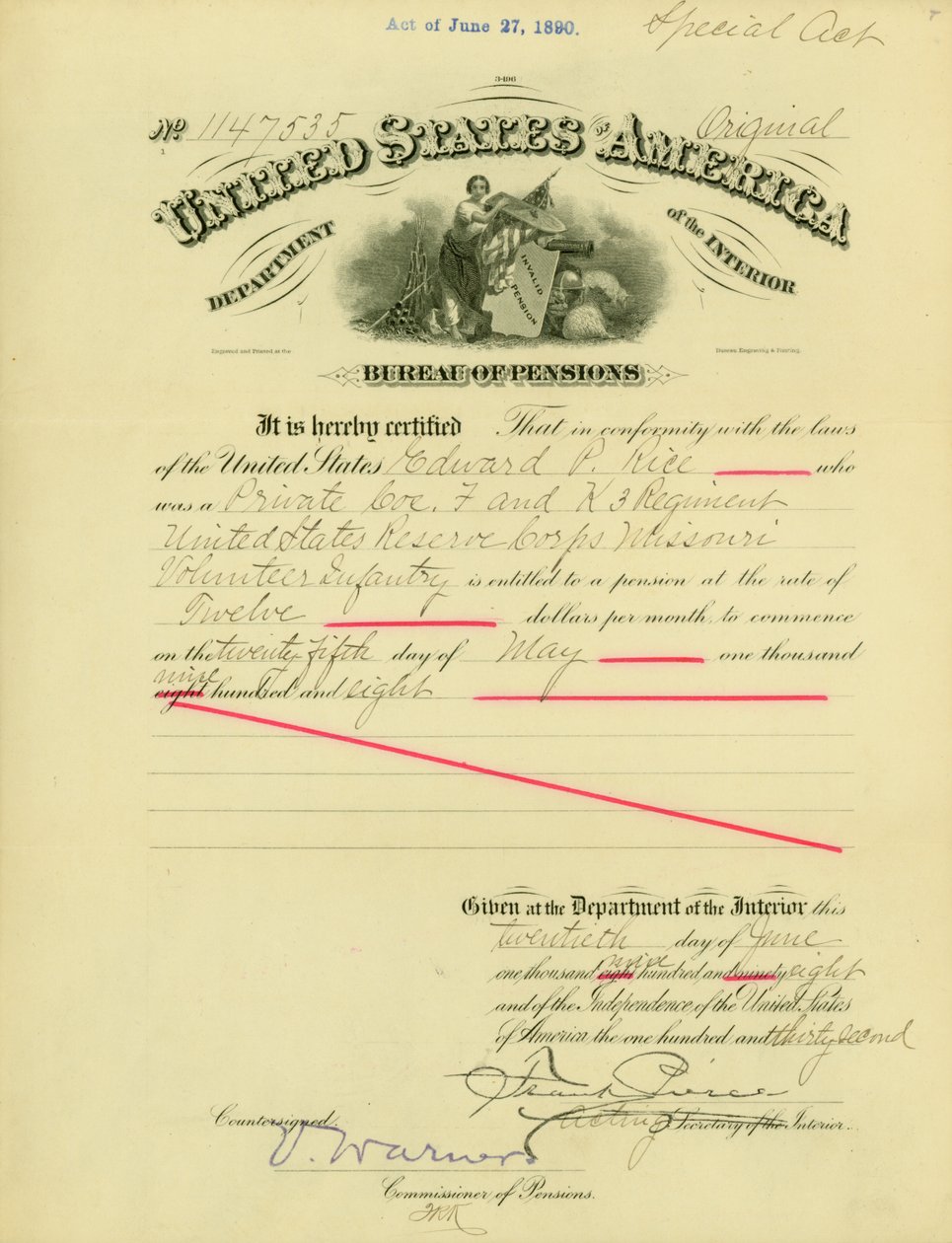 Ilmoitus eläkeoikeudesta Edward Parker Ricelle 20. kesäkuuta 1908 tekijältä Frank Pierce