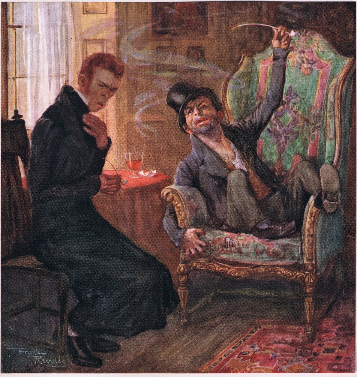 "Onko se hyvää, Brass, onko se mukavaa, onko se tuoksuvaa, tunnetko itsesi Grand Turkiksi" sanoi Quilp, noin 1920 (värilitro). tekijältä Frank Reynolds
