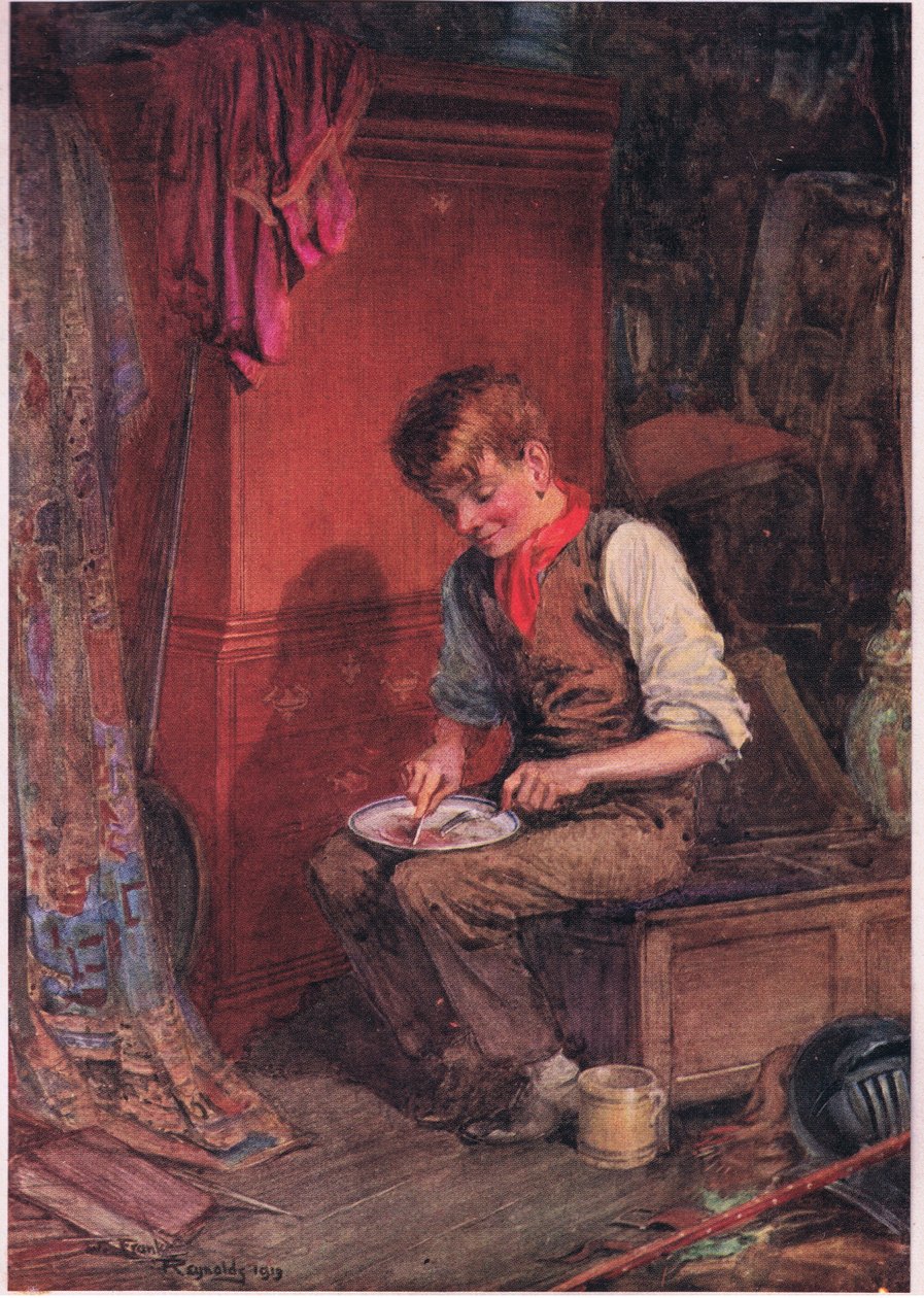 Kit kantoi ison leipä- ja lihapalan nurkkaan ja tuhlasi sitä ahnaasti , 1920 (värilitro). tekijältä Frank Reynolds