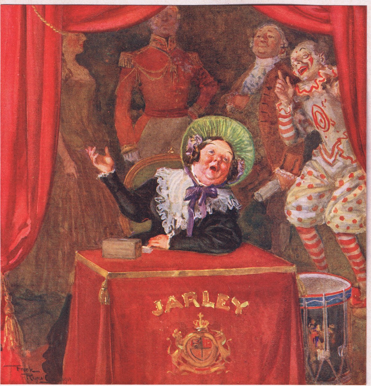 Rouva Jarley istui maksupaikalla ja kolisti hopearahoja keskipäivästä iltaan , 1920 (värilitografia). tekijältä Frank Reynolds