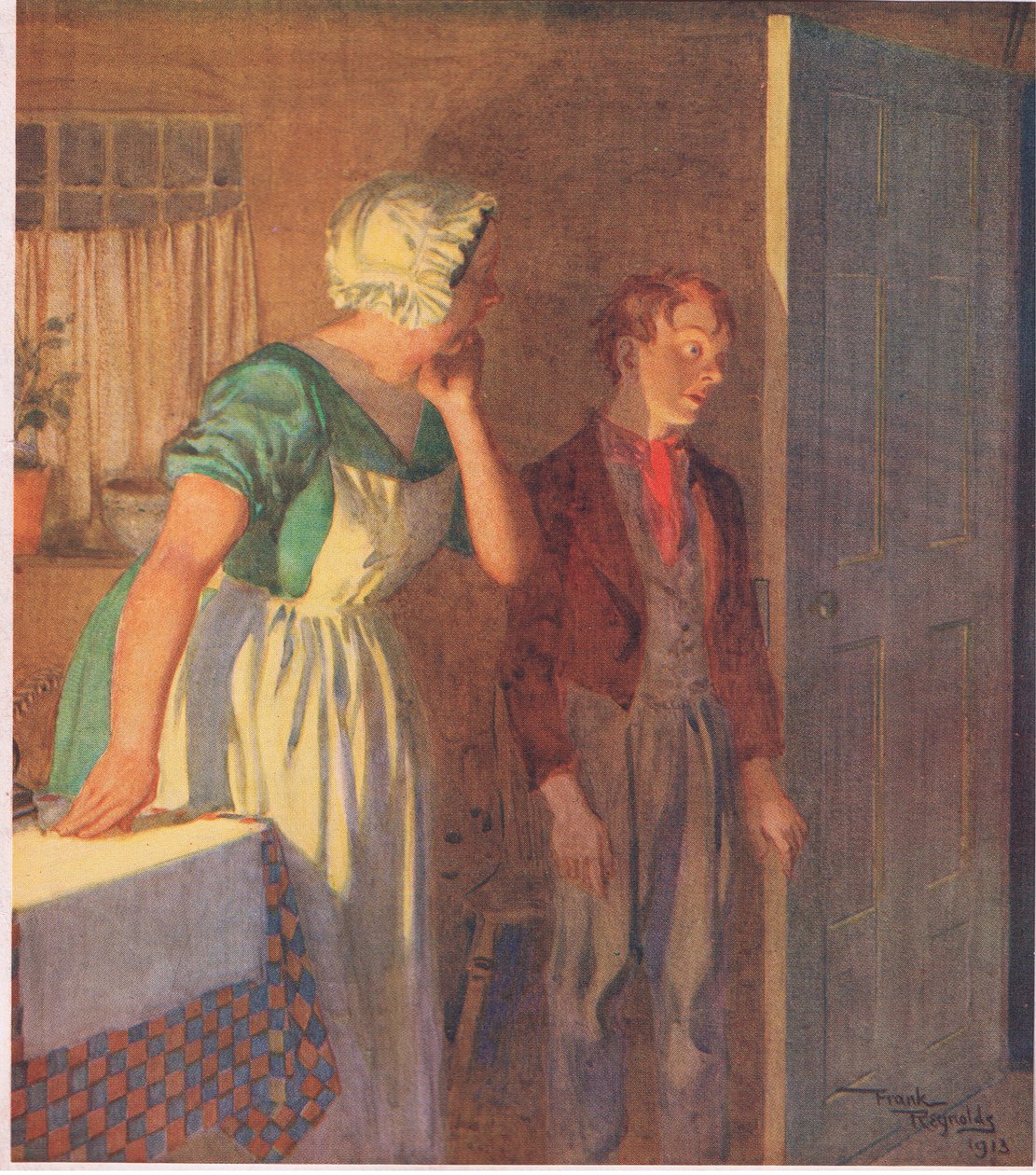 Lapsi kiiruhti ovelle ja katosi yhtä nopeasti kuin oli tullutkin, noin 1920 (värilitro). tekijältä Frank Reynolds